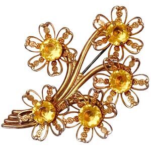 Vintage 1950s Gold Tone Filigree Floral Spray Brooch Yellow Glass Rhinestone Pin